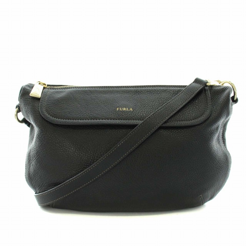 フルラ FURLA ショルダーバッグ レザー ロゴ箔押し 黒 ブラック 
