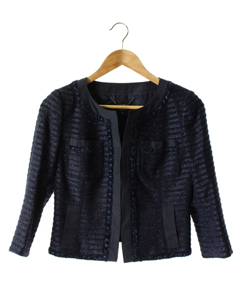フラジール Fragile Soiree ジャケット ノーカラー ツイード 七分袖 36 紺 Sr27 レディース 160 ベクトルパーク