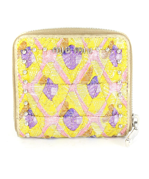 ミュウミュウ miumiu 財布 二つ折り 総柄 スタッズ 黄色 紫