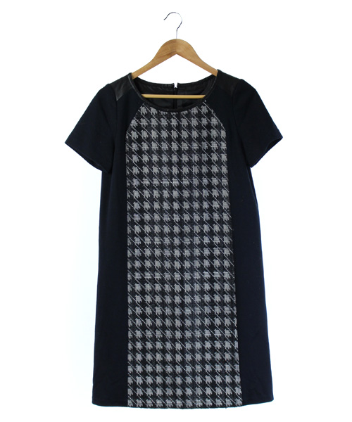エル Elle ワンピース 膝丈 半袖 切替 フェイクレザー 千鳥格子 Iライン 黒 38 Dk29 レディース 160 ベクトルパーク