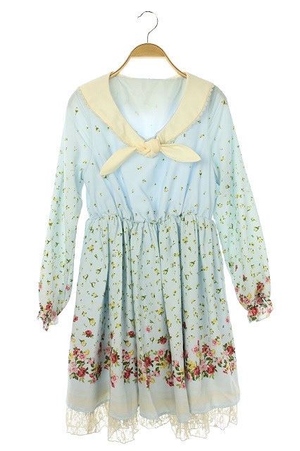 アクシーズファム Axes Femme ワンピース 長袖 フレア ミニ 花柄 レース M ライトブルー 黄 ピンク レディース 160 ベクトルパーク