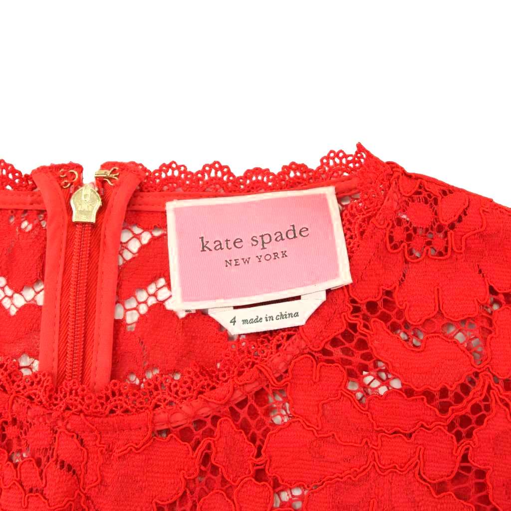 【中古】ケイトスペード KATE SPADE ワンピース フレア ひざ丈 半袖 切替 レース 4 赤 レッド NJM00107 ケイトスペード KATE SPADE ワンピース フレア ひざ丈 半袖 切替
