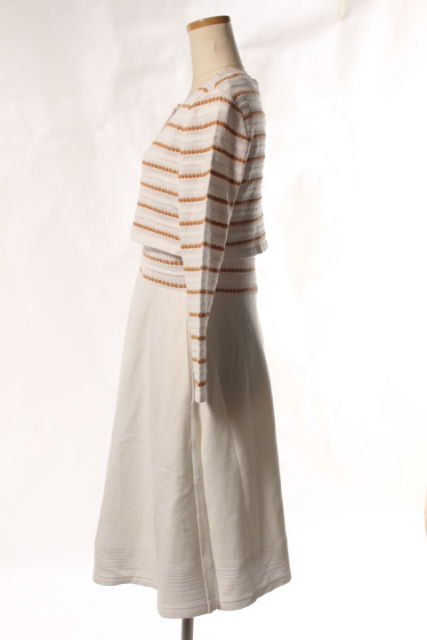 未使用品 フォクシー Foxey クッキードレス アンサンブル ワンピース カーディガン ニット ひざ丈 ボーダー 38 ベージュ 白 ホワイト Cmy0412 レディース 164 ベクトルパーク