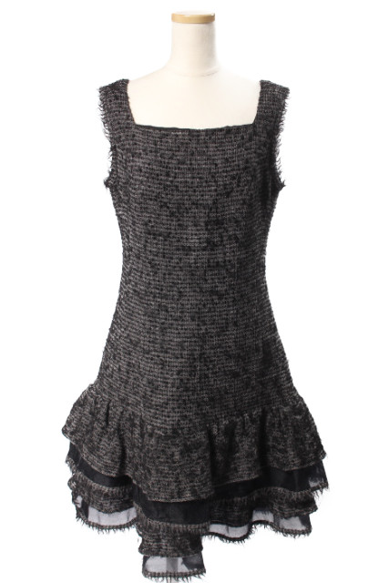 ルネ Rene ワンピース ひざ丈 ノースリーブ ティアード スクエアネック ツイード ウール モヘヤ混 36 黒 ブラック Yt0510 レディース 164 ベクトルパーク