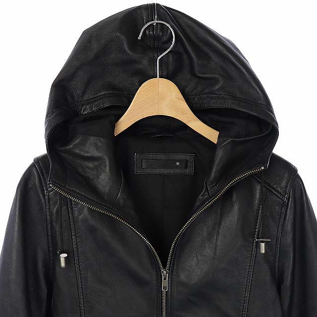 【美品】リューグーレザーズ　フード付きブラックレザージャケット LIUGOO フード付きレザーアウター 黒 美品】リューグーレザーズフード