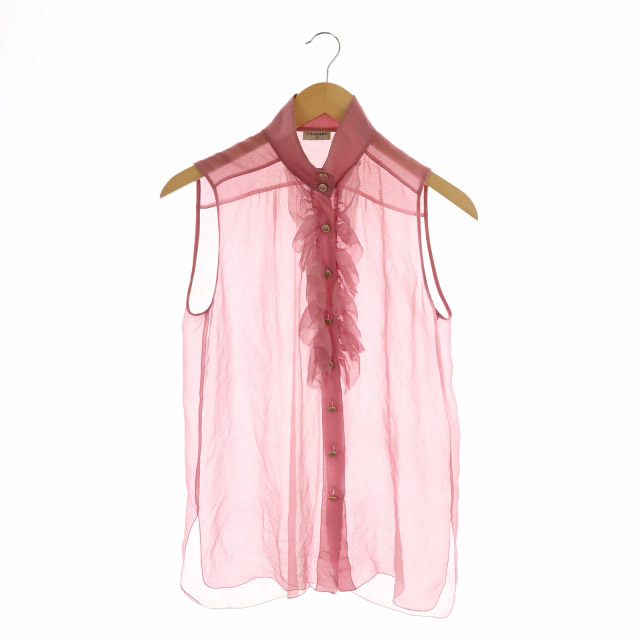 シャネル CHANEL ブラウス シャツ ノースリーブ フリル 金ボタン  