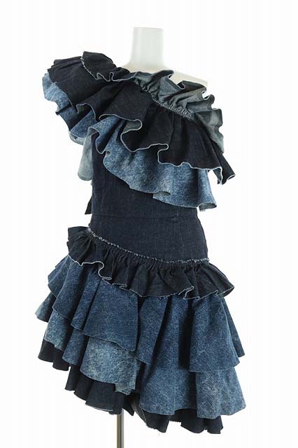 未使用品 ディーゼル Diesel ワンピース ワンショルダー フリル デニム ひざ丈 Xs 紺 ネイビー インディゴ Mf Ec レディース 165 ベクトルパーク