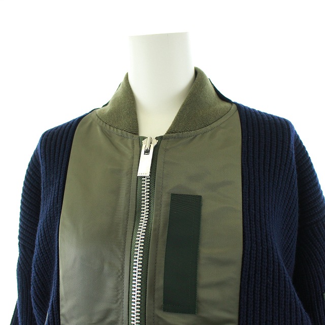 未使用品 サカイ sacai 2020年製 ドッキング MA-1 ミリタリージャケット ボンバージャケット 中綿 ナイロンツイル ニット 切替 ジップアップ オーバーサイズ 1 S カーキ ネイビー 紺 20-05139 /KH レディース
