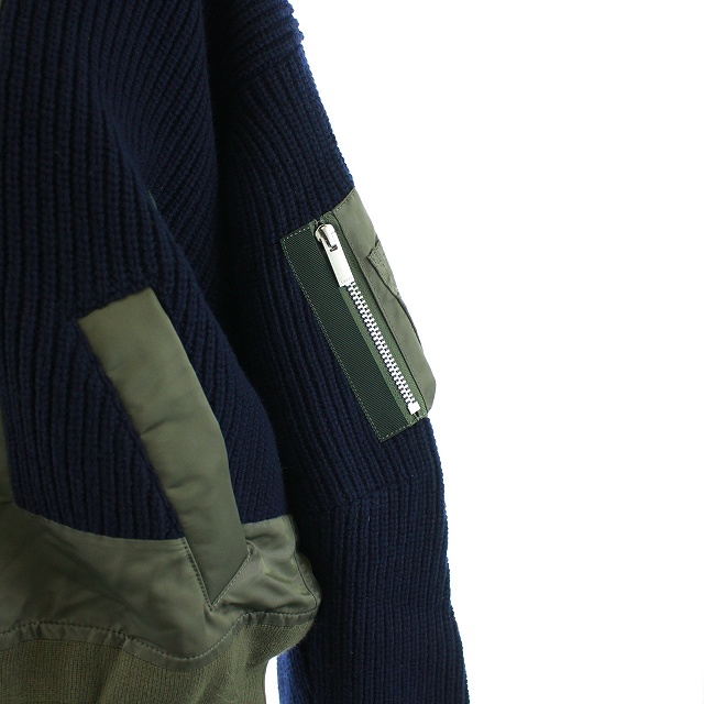 未使用品 サカイ sacai 2020年製 ドッキング MA-1 ミリタリージャケット ボンバージャケット 中綿 ナイロンツイル ニット 切替 ジップアップ オーバーサイズ 1 S カーキ ネイビー 紺 20-05139 /KH レディース