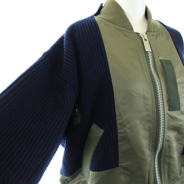 未使用品 サカイ sacai 2020年製 ドッキング MA-1 ミリタリージャケット ボンバージャケット 中綿 ナイロンツイル ニット 切替 ジップアップ オーバーサイズ 1 S カーキ ネイビー 紺 20-05139 /KH レディース