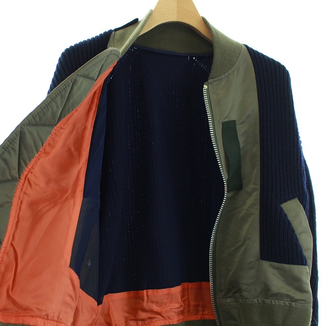 未使用品 サカイ sacai 2020年製 ドッキング MA-1 ミリタリージャケット ボンバージャケット 中綿 ナイロンツイル ニット 切替 ジップアップ オーバーサイズ 1 S カーキ ネイビー 紺 20-05139 /KH レディース