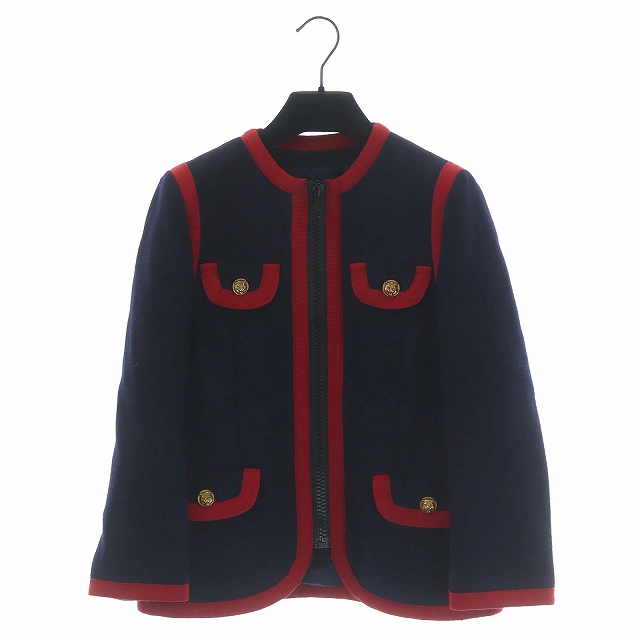 グッチ GUCCI 2018年製 ノーカラージャケット 金ボタン 36 紺 赤  
