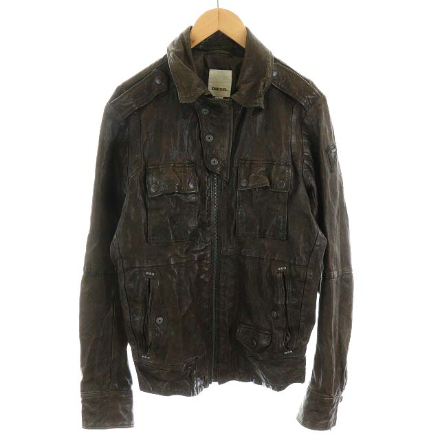 ディーゼル DIESEL レザージャケット 羊革 ラムレザー しわ加工 L 茶 
