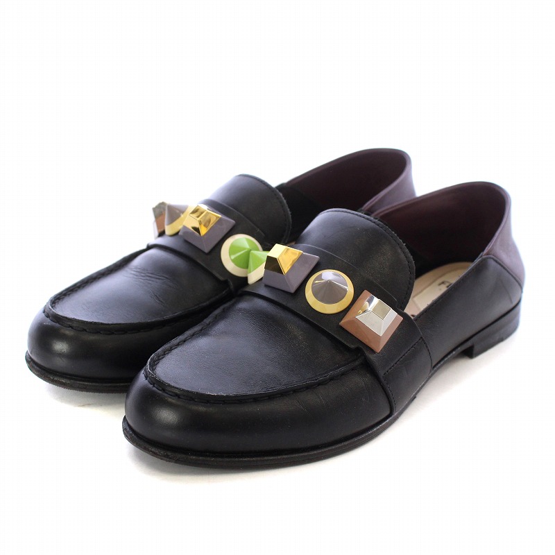 フェンディ FENDI ローファー ラウンドトゥ マルチスタッズ レザー 35 