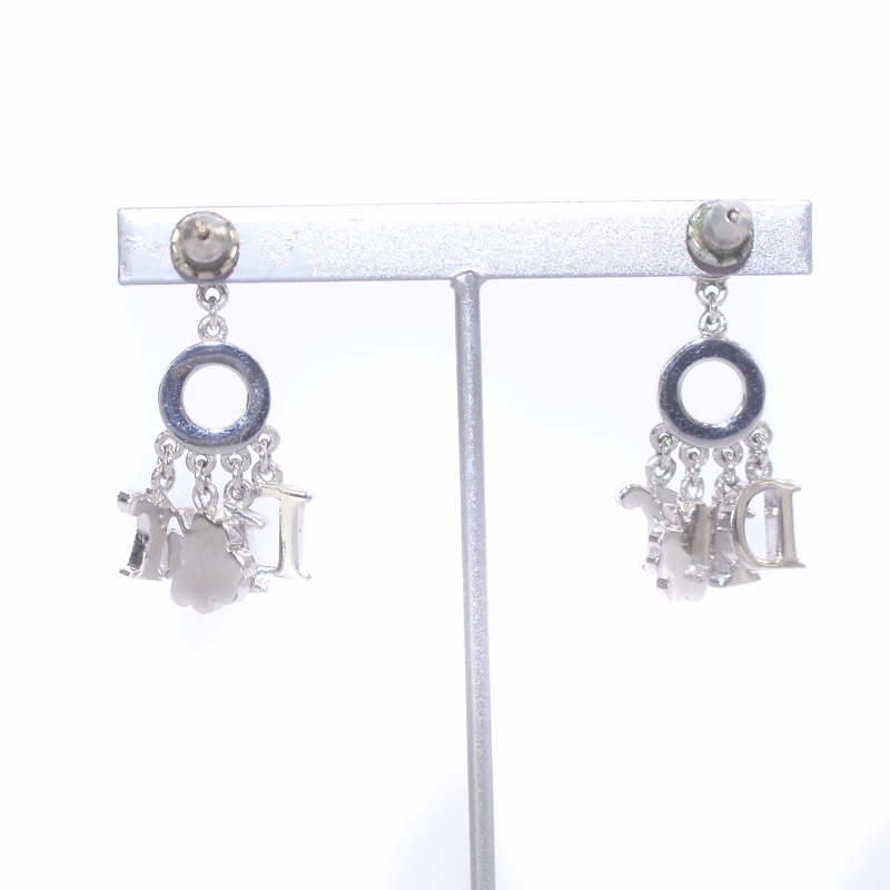 クリスチャンディオール 両耳シルバー ラインストーン ロゴ ピアス