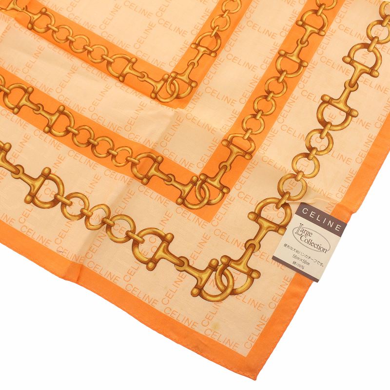 CELINE セリーヌ　スカーフ　大判　オレンジ セリーヌ CELINE ハンカチ 大判 スカーフ 総柄 ロゴ コットン 58