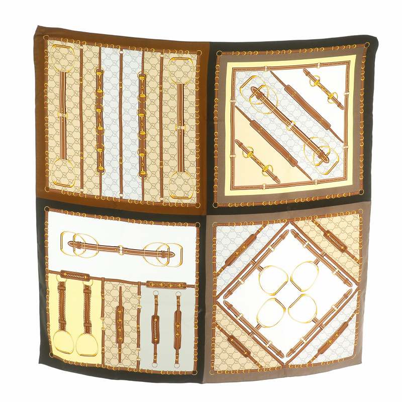 【中古】グッチ GUCCI 786222 プリント シルク スカーフ ストール 大判 ヘリテージ ベルト GG柄 ロゴ 総柄 茶 グッチ GUCCI 786222 プリント シルク スカーフ ストール 大判 絹100