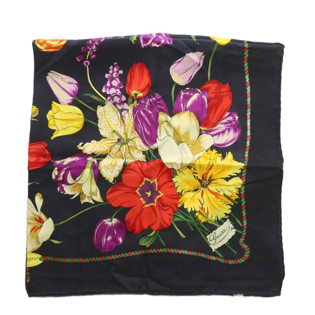 グッチ GUCCI スカーフ 大判 絹 シルク 花柄 総柄 ロゴ マルチカラー