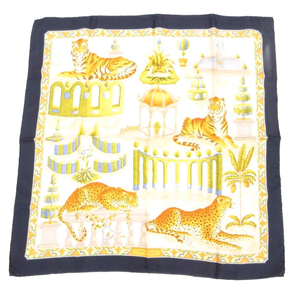 フェラガモ シルク 86cm スカーフ ブラック 黒 豹柄 虎 ヒョウ トラ