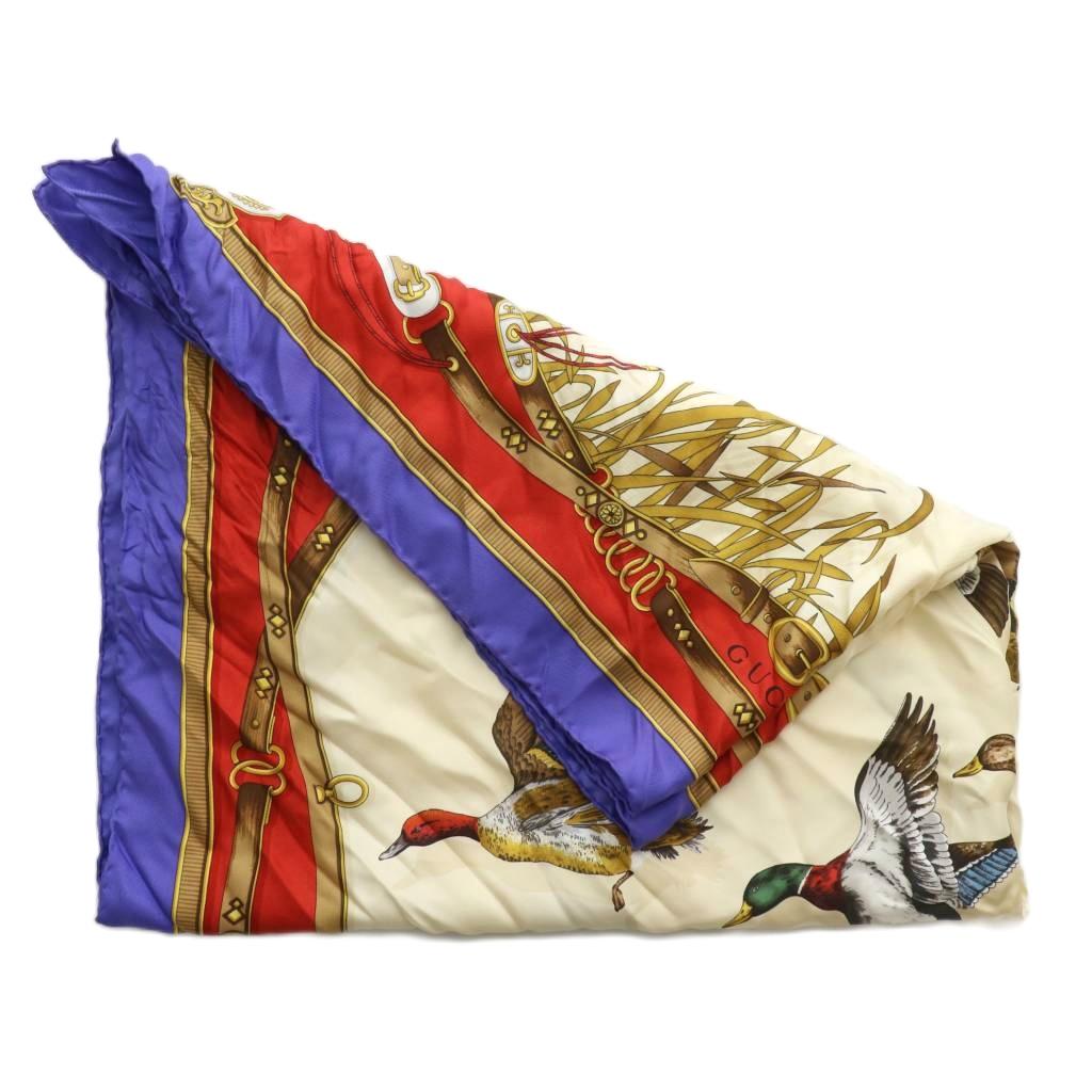 グッチ GUCCI スカーフ 絹 シルク 大判 鳥 カモ 総柄 ロゴ 90×90  
