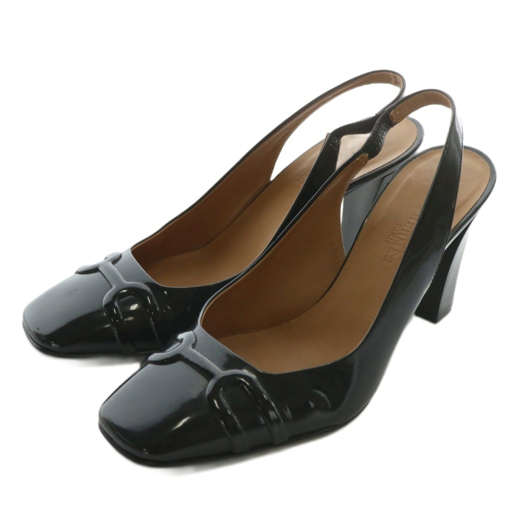 エルメス HERMES パンプス エナメル スクエアトゥ ハイヒール スリング