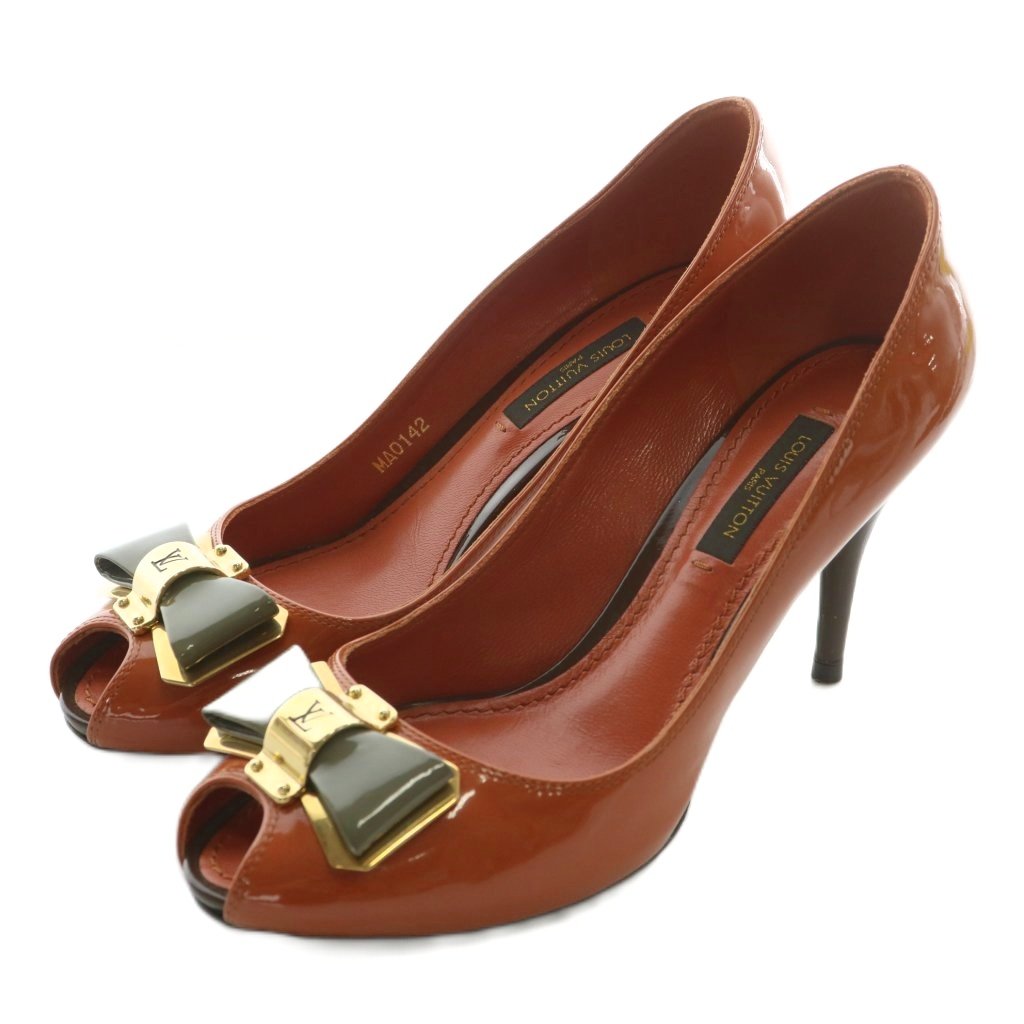 【中古】LOUIS VUITTON パンプス エナメル オープントゥ ハイヒール リボン LVロゴ ゴールド金具 34.5 22cm 茶色 ルイヴィトン LOUIS VUITTON パンプス エナメル オープントゥ