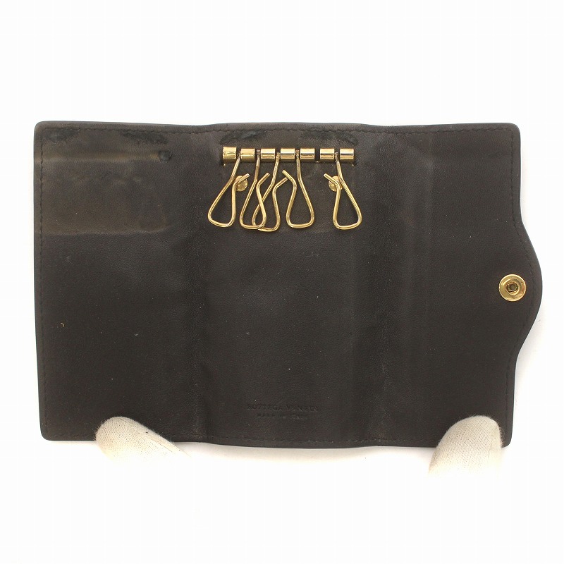 ボッテガ 黒 レザー キーケース 編み込みデザイン カードケース