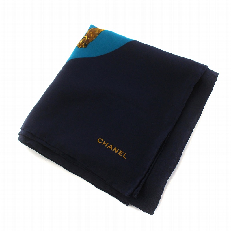 CHANEL ロゴプリント スカーフ ネイビー
