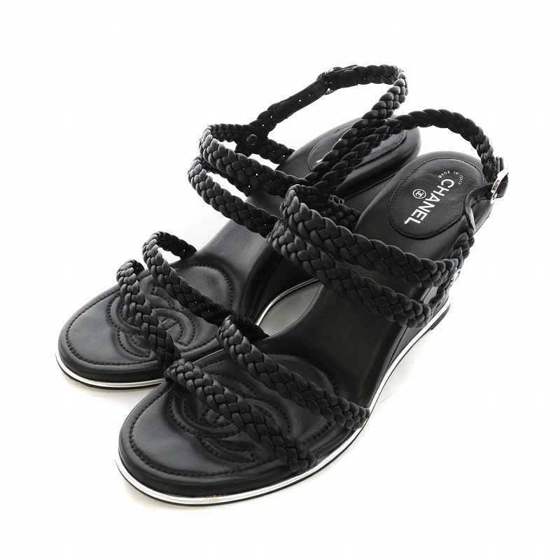 シャネル サンダル レザー ココマーク ウェッジソール 編み込み ストラップ