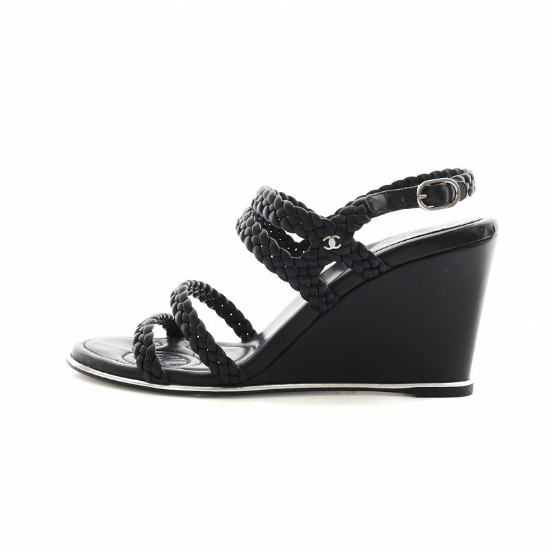 ［美品］シャネル　ストラップサンダル　ココマーク　チェーンロゴ　ウェッジヒール シャネル サンダル 二連チェーン アンクルストラップ ヒール