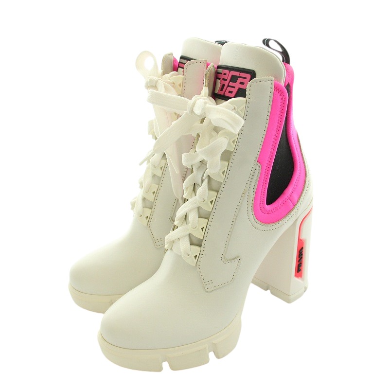 プラダ PRADA ショートブーツ レースアップ サイドゴア ロゴ パンプス