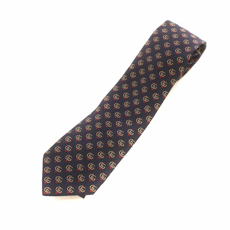 【美品】グッチ ネクタイ ネイビー 濃紺 総柄 Gロゴ GG柄 カシミヤ 高級 グッチ GUCCI ネクタイ レギュラータイ マーモント GG ロゴ ハート 総
