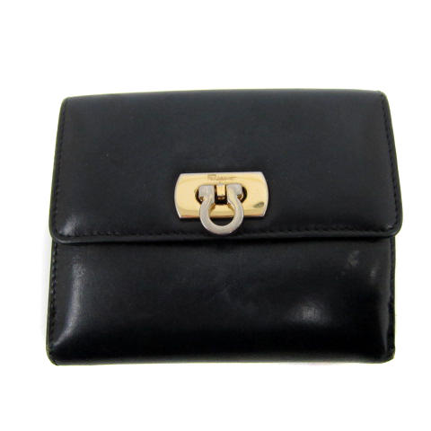 サルバトーレ フェラガモ レザー ガンチーニ 二つ折り 財布 黒