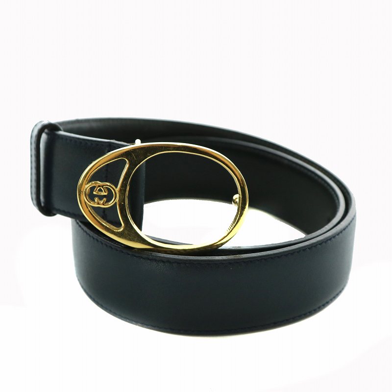 GUCCI ベルト　黒、金　レディース GGマーモント〕シャイニーバックル レザー ベルトブラック