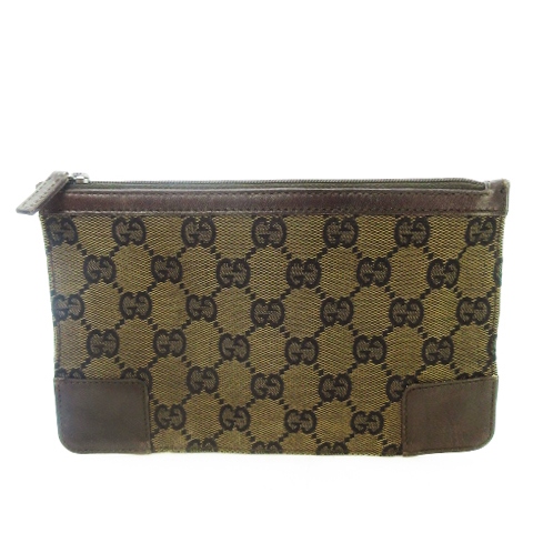GUCCI レザー GG スプリーム ポーチ ブラウン 保存箱付き