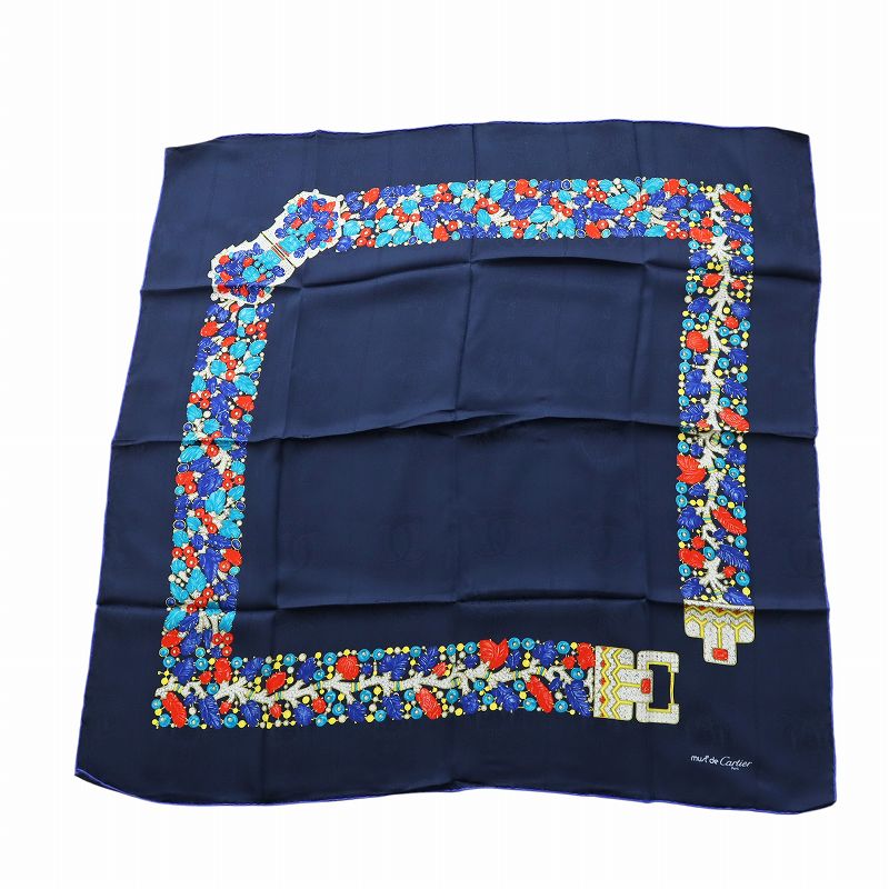 カルティエ Cartier 大判スカーフ ストール 絹 シルク ロゴ 総柄 紺  