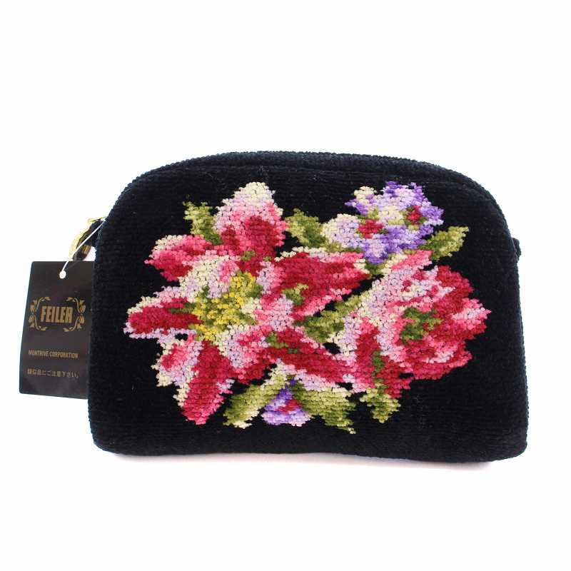 未使用品 フェイラー FEILER ポーチ 小物入れ シュニール織 花柄 ロゴ 