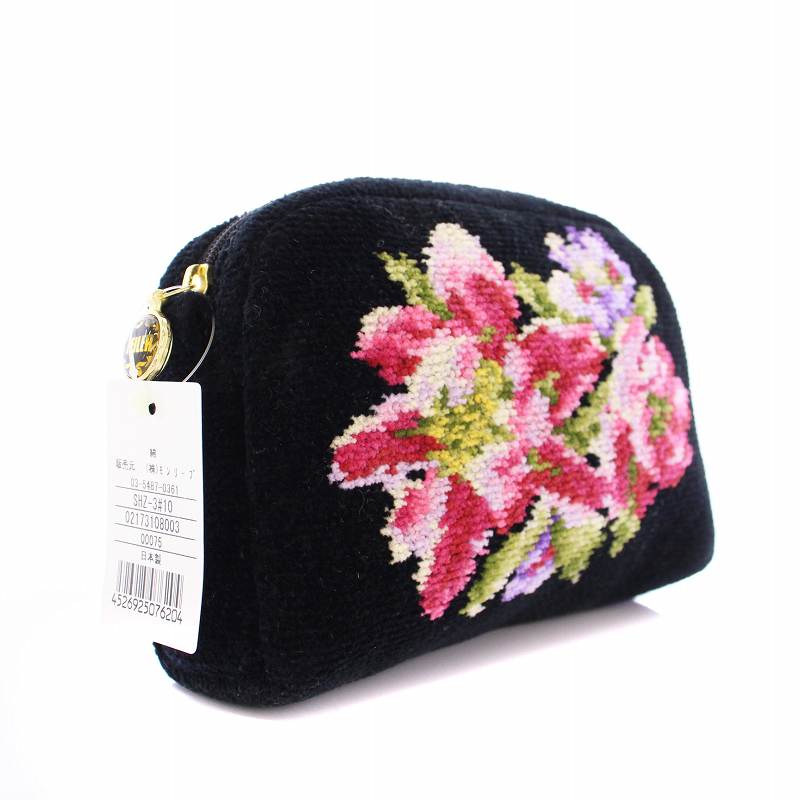 Lecott 花柄刺繍 ポーチセット　フェイラー　シェニール織 超美品 フェイラー 長財布 便利ポーチ FEILER グレー シュニール