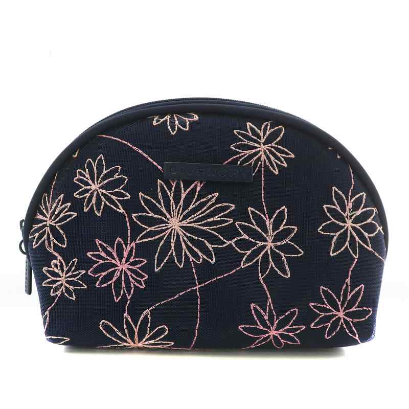 ジバンシィ GIVENCHY 化粧ポーチ 小物入れ 花柄 刺繍 総柄 ロゴ 紺