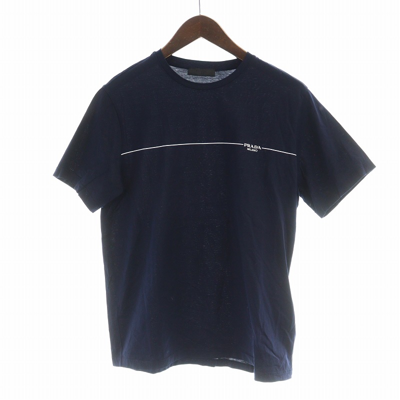 プラダ PRADA Tシャツ カットソー 半袖 ロゴ プリント S 紺 ネイビー 