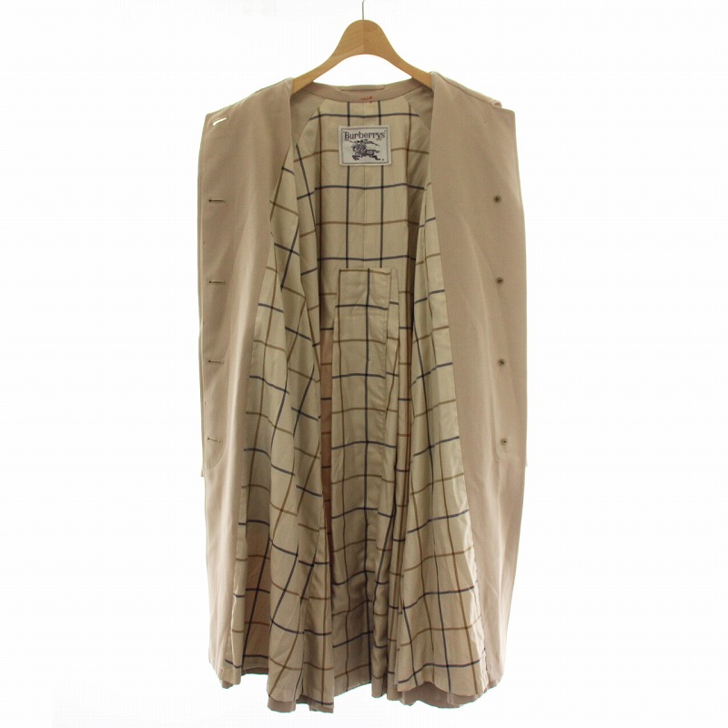 バーバリーズ Burberrys 90s 白タグ ヴィンテージ ステンカラー コート ロング ラグラン 裏地チェック柄 比翼ボタン 7AR S ベージュ /XZ ■GY18 レディース