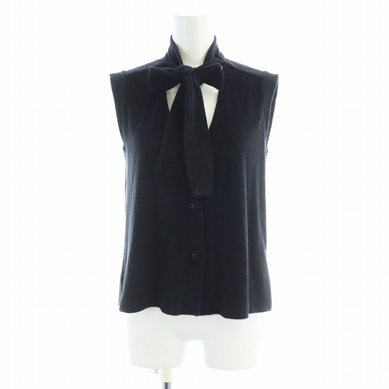 【中古】シャネル CHANEL ノースリーブカーディガン ベスト パイル地 リボンタイ ココマーク ロゴ 36 S 紺 ネイビー シャネル CHANEL ノースリーブカーディガン ベスト パイル地
