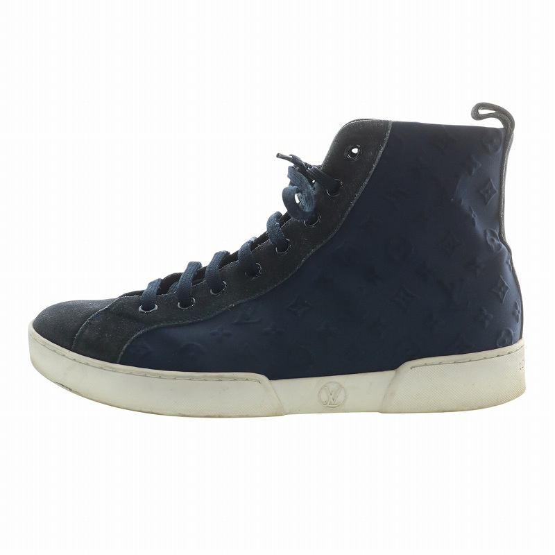 【中古】LOUIS VUITTON スニーカー レザー スエード 切り替え ハイカット モノグラム 総柄 サイドジップ 36 23cm 紺 ルイヴィトン LOUIS VUITTON スニーカー レザー スエード 切り替え