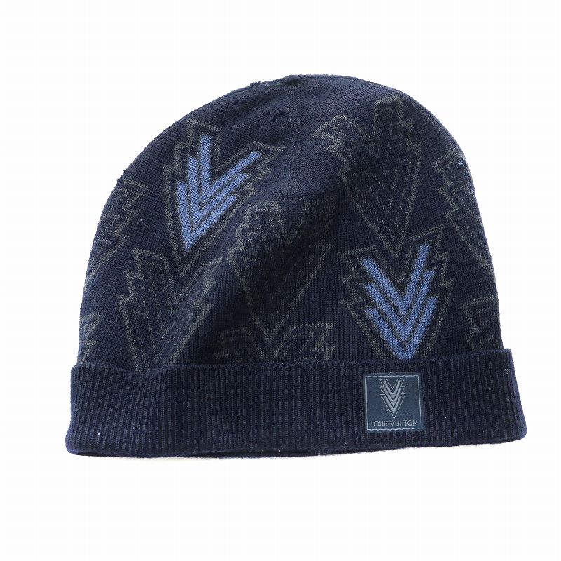 ルイヴィトン トリプルV ビーニー ニットキャップ ニット帽 総柄 紺