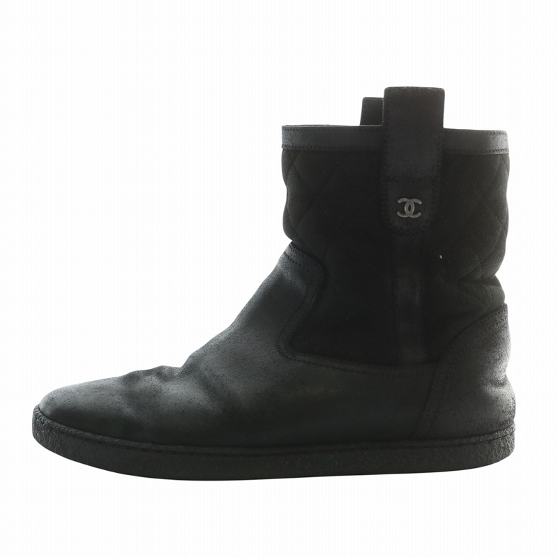 CHANEL シャネル レザー ムートン ココマーク ショートブーツ 36