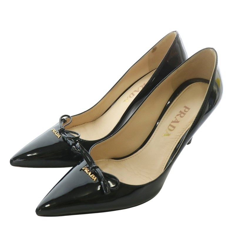 PRADA エナメルパンプス ヒール ロゴ金具 リボン ブラック 36 PRADA エナメルパンプス ヒール ロゴ金具 リボン ブラック 36 PRADA