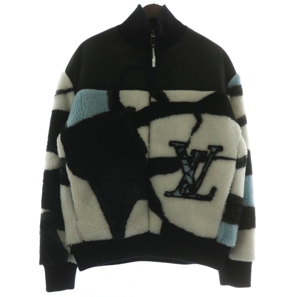 【中古】ルイヴィトン 24SS LVロゴ フリース ナイロン 切替 ブルゾン ジャケット綿 総柄 ジップアップ S 黒 白 RM241M ルイヴィトン LOUIS VUITTON 24SS LVロゴ フリース ナイロン 切替