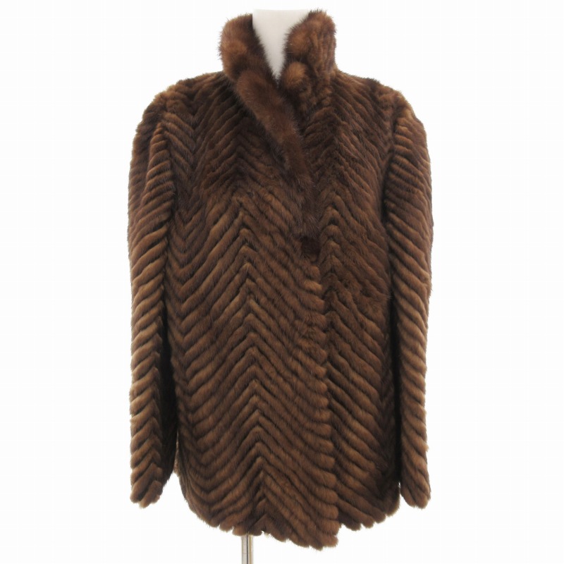 【中古】ノーブランド ミンクファーコート 毛皮 ショート シェブロンカット 大きいサイズ 13 茶 ブラウン /GV ノーブランド ミンクファーコート 毛皮 ショート シェブロンカット
