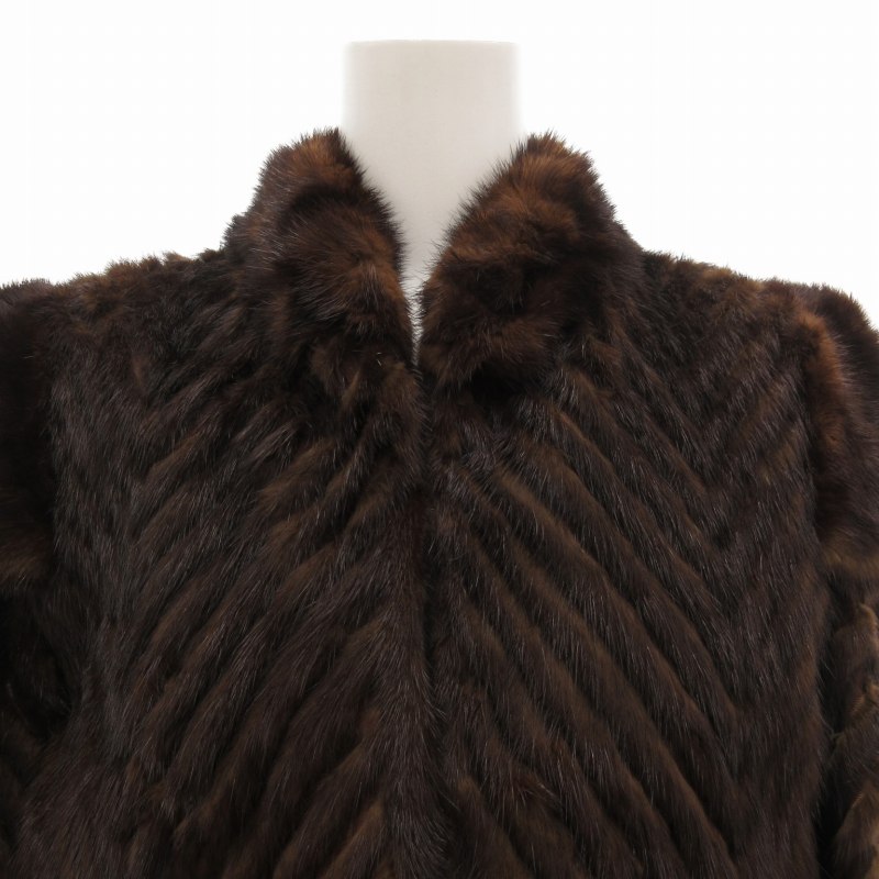ノーブランド ミンクファーコート 毛皮 ミドル シェブロンカット 9 茶