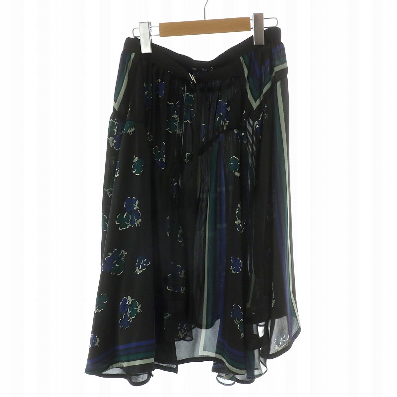サカイ sacai ラップスカート プリーツ巻き ひざ丈 花柄 シアー 日本製 